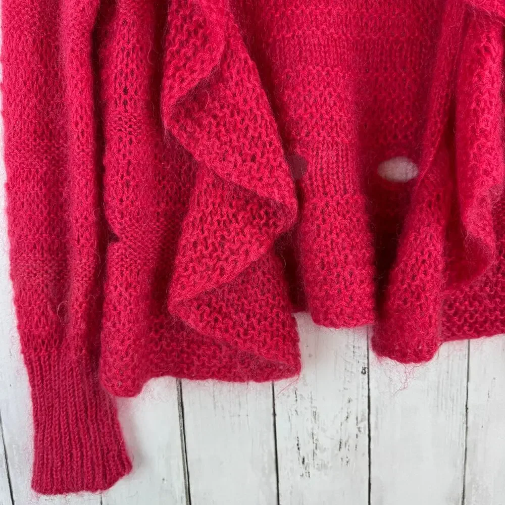 VTG 80's Rene Derhy Pink Mohair Ruffle-Front Cardigan Sweater Size 6/8 Medium
